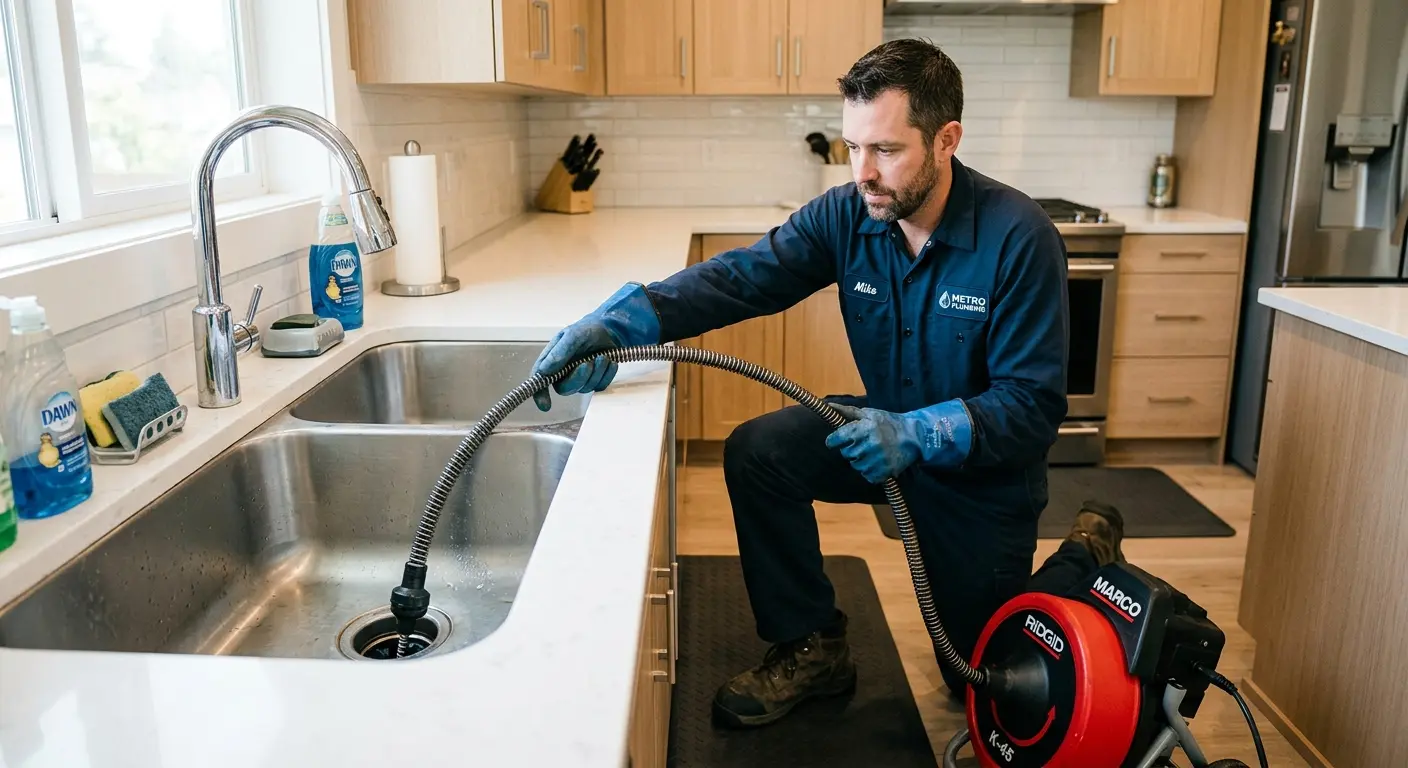 Drain cleaning technician using a motorized snake on a kitchen sink in South Hanover