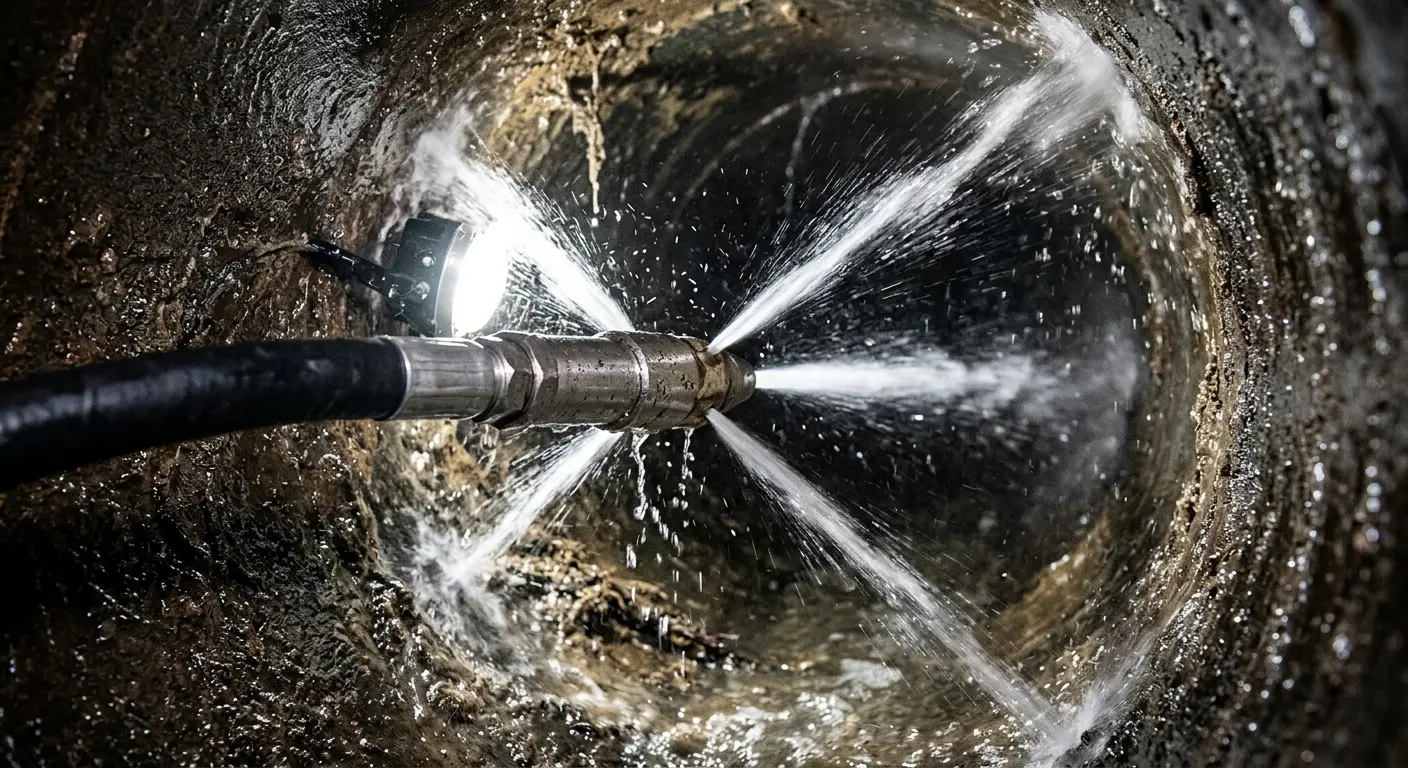 High-pressure hydro jetting nozzle cleaning sewer pipe for Sewer Cleanout in South Hanover