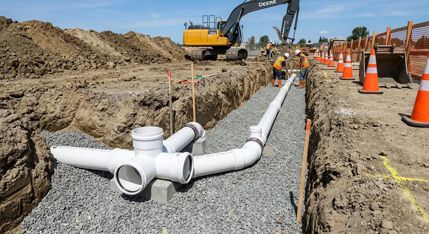 New PVC sewer pipe installation in open trench for Grease Trap Cleaning in South Hanover