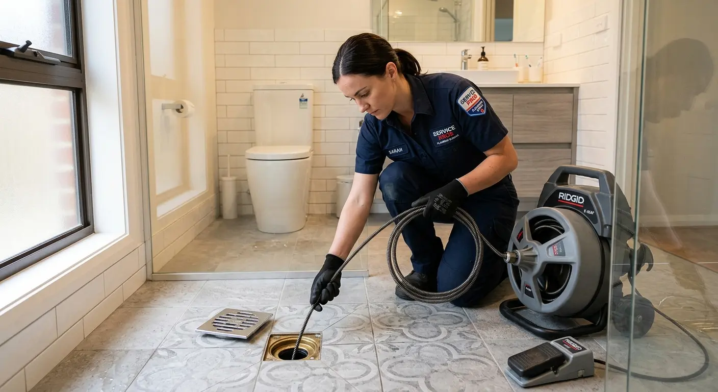 Technician clearing a bathroom floor drain for Drain Cleaning in South Hanover